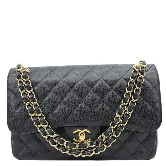 Pre-Owned Chanel Classic Jumbo Double Flap Quilted Caviar Leather Shoulder Bag Black