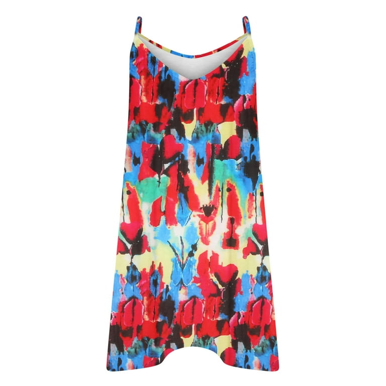 Summer Saving Wycnly Dresses for Women 2024 Beach Spaghetti Strap Swing Hem  Camisole Dresses Sleeveless V-Neck Leaves Print Summer Maxi Sun Dress