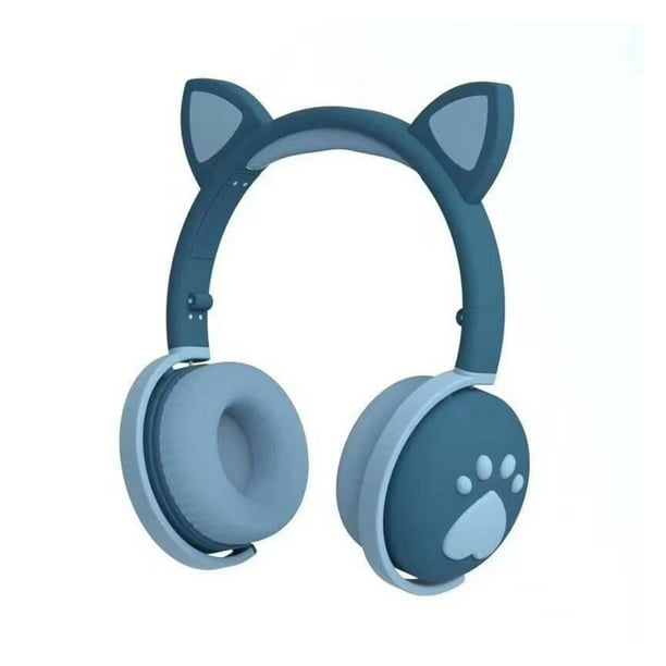 Seitruly Auriculares Bluetooth que brillan intensamente lindo LED oreja de gato pata niñas regalo niños auriculares inalámbricos estéreo HIFI bajo Cables de audio/vídeo Verde oscuro en caja