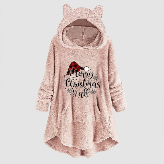 Kiplyki Hoodies Woman's Printing Buttons Long Sleeved Plush Coat Top