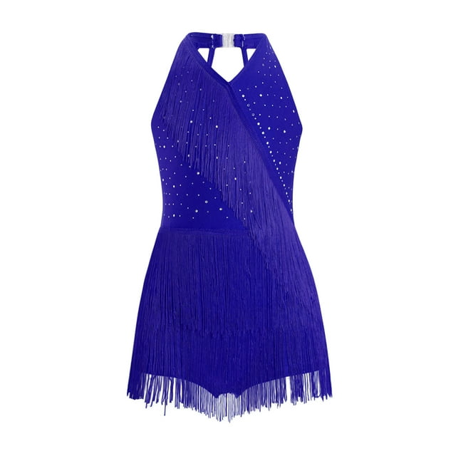 Ocealan Robe de Danse Latine Jazz pour Filles Enfants Costume de Danse Tango Rumba Samba Brillant Justaucorps à Franges Bleu 14