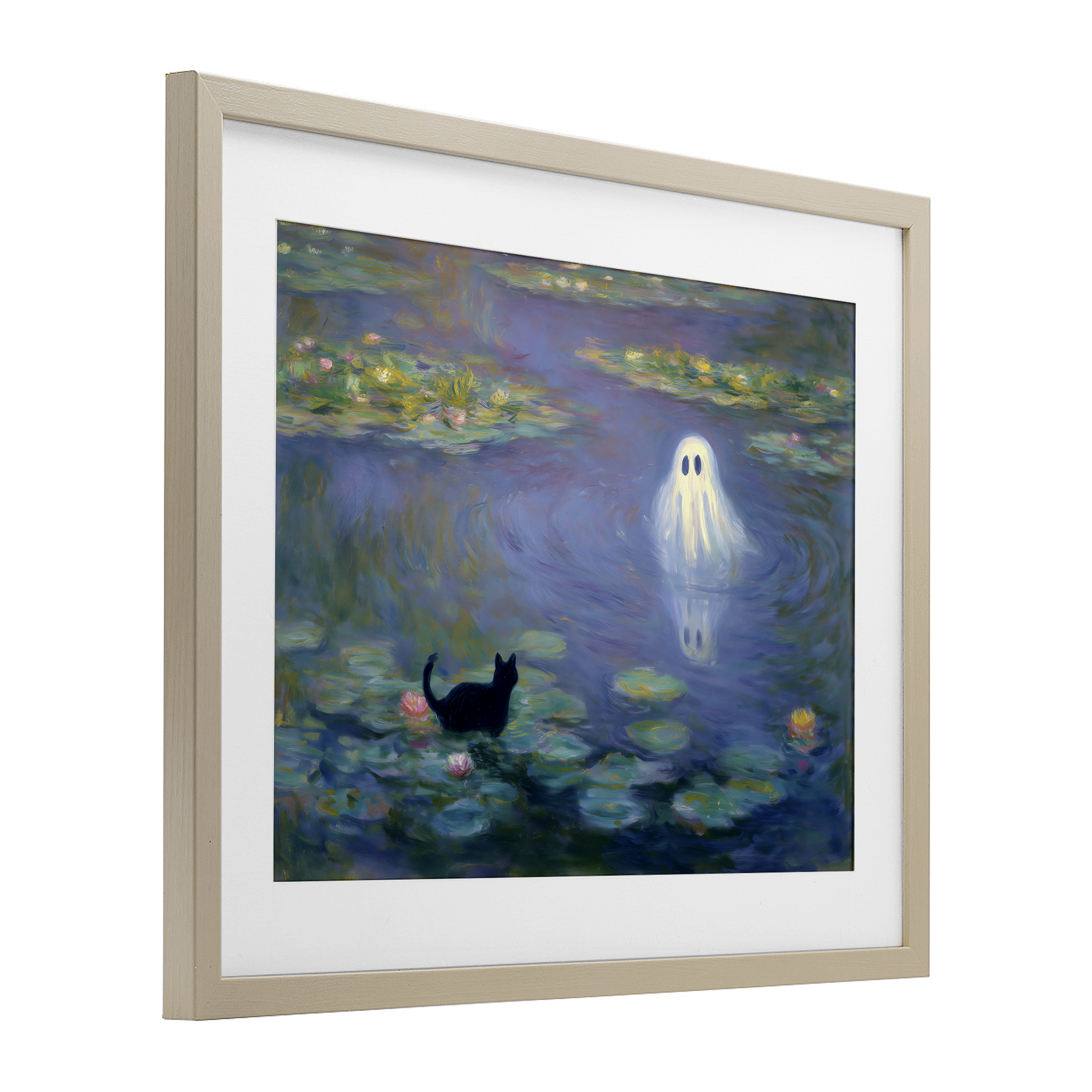 Water Lilies with Ghost & Kitty Birch Framed Print Under Glass, design by Arlington Prints