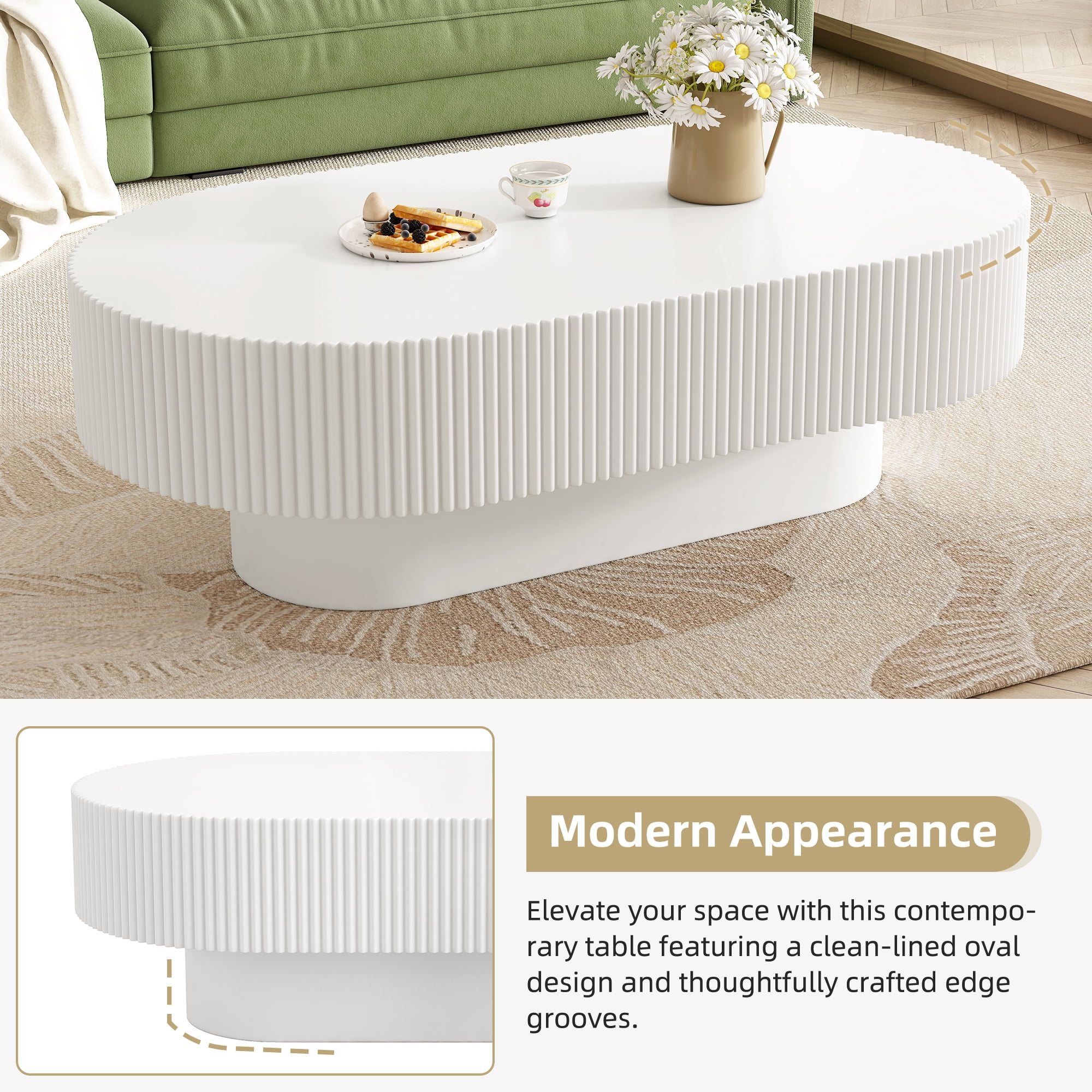Harper & Bright Designs Wood Fluted Coffee Table, Modern Drum End Table, Oval Center Table with Sturdy Base for Living Room, White