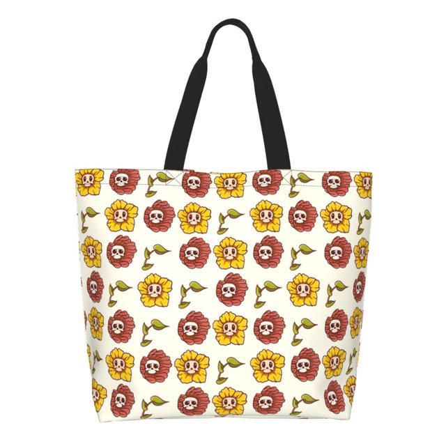 Fotbe Sunflowers And Skull Bolsa Tote Estética de Lona con Estampado para Mujer - Bolsa Reutilizable de Hombro Casual para Vacaciones, Compras, Trabajo y Gimnasio