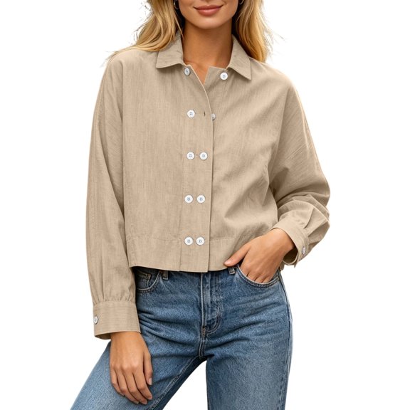 TEAJOPSUU Women's Crop Shirts Long Sleeve Button Down Collared Tops Relaxed Fit Casual Dressy Blouses Khaki