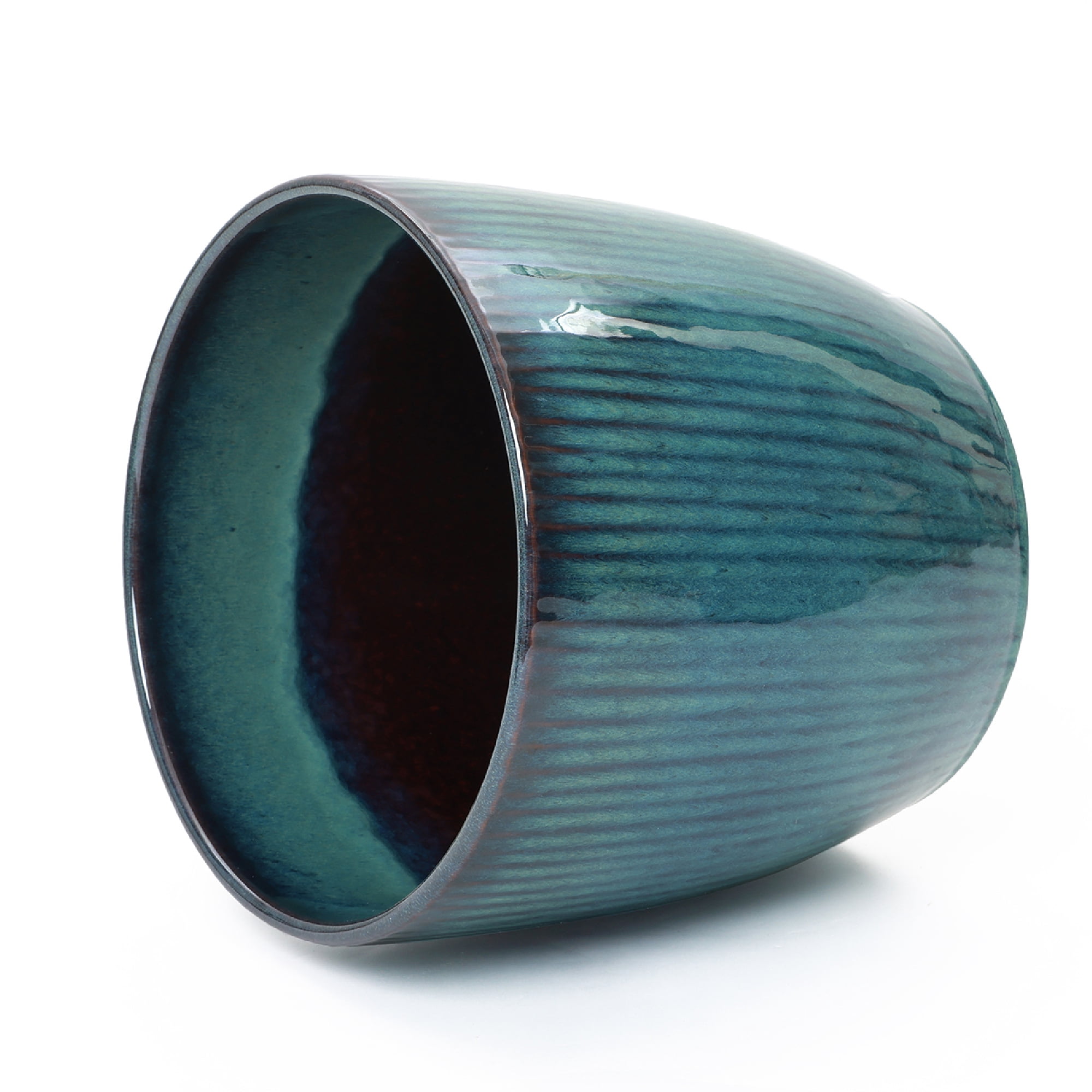 LuxenHome 12" Dia Large Round Plant Pots with Vertical Line Texture, Modern Blue Ceramic Planter for Living Room, Patio, Garden