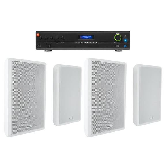 JBL Commercial Amplifier (4) Slim White Wall Speakers for Restaurant/Bar/Cafe