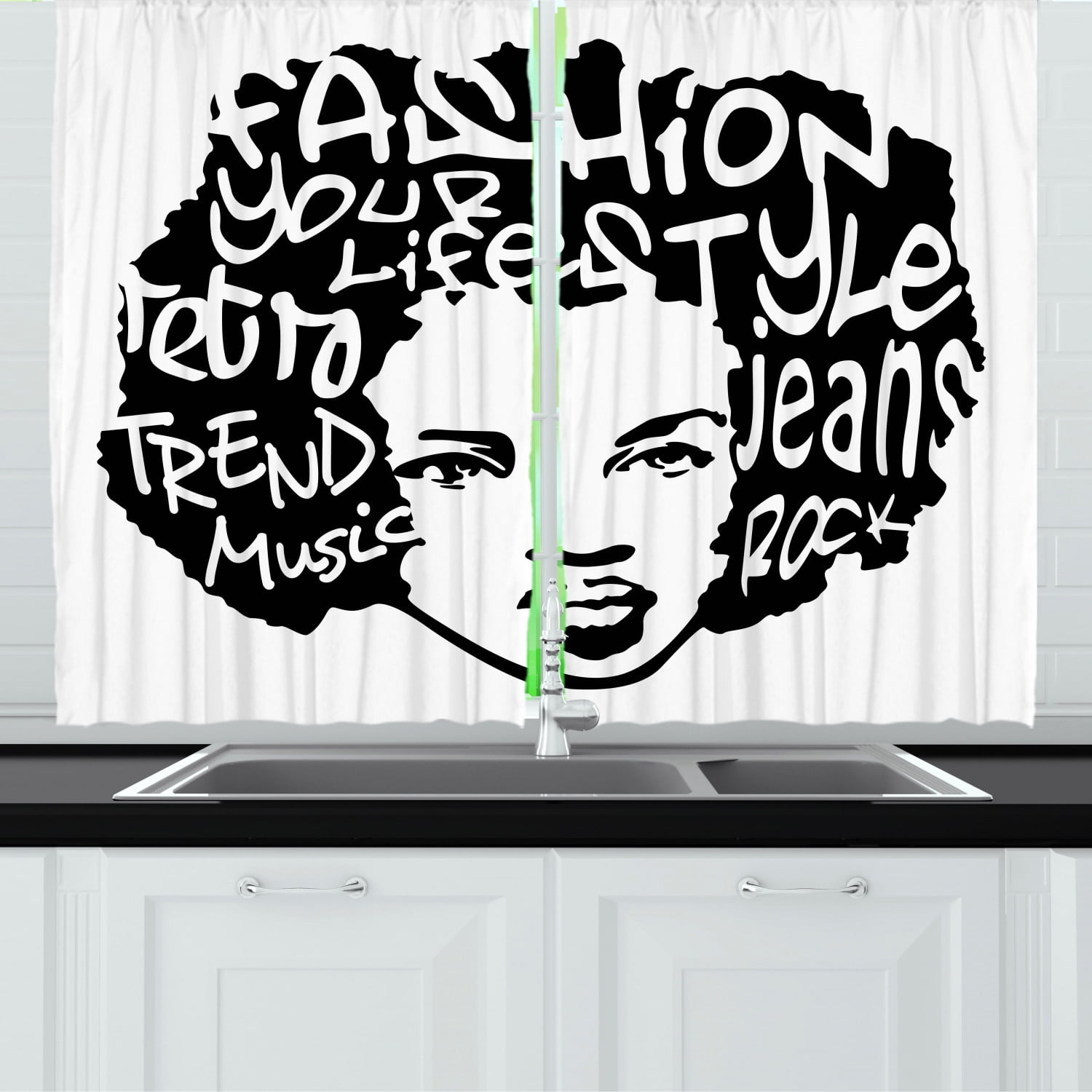 Urban Graffiti Curtains 2 Panels Set Fat Cap Spray Painted Style Typographic Words On A Afro Haired Girl Window Drapes For Living Room Bedroom 55w X 39l Inches Black And White By