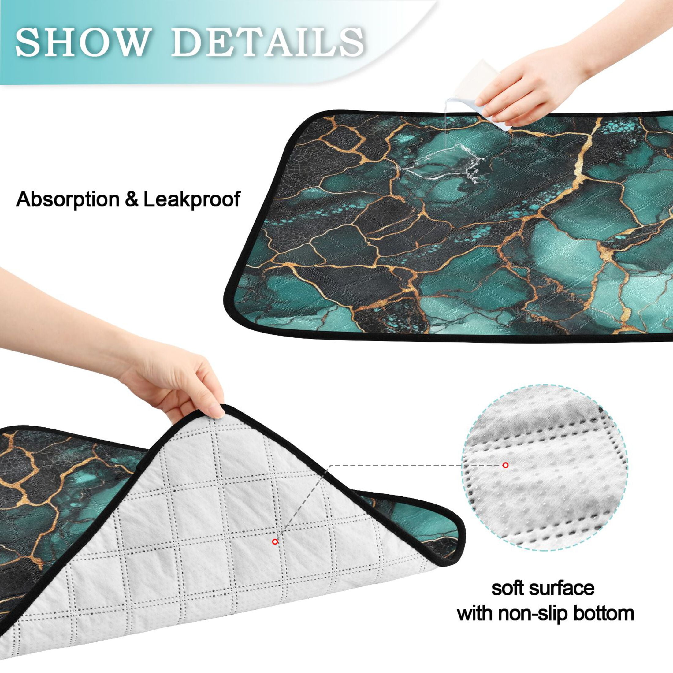 Qxltty Dark Green Gild Marbles Cat litter Pads Pet Set of 2 Diaper Mats Center Anti-leakage Layer Absorbent Soft and Comfortable