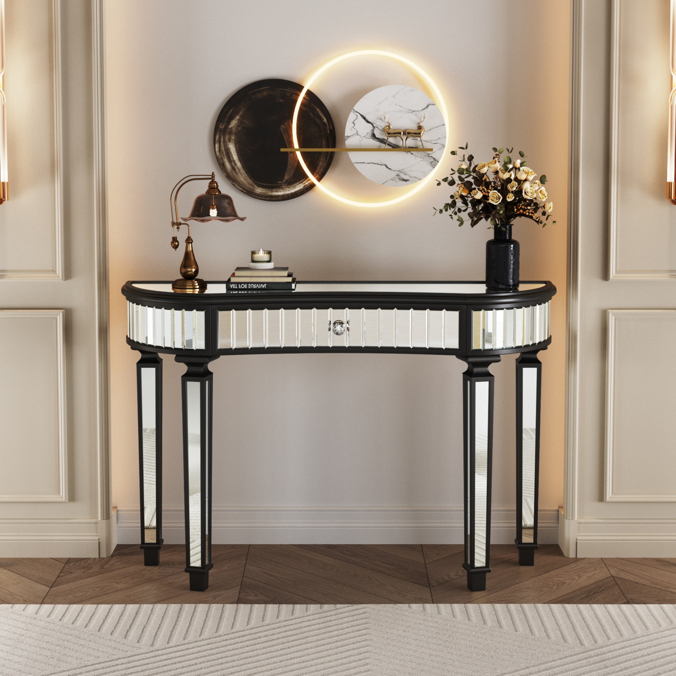 Atumcto 47" Black Mirrored Console Table with Drawer, Modern Glam Entryway Table for Hallway, Narrow Sofa Table for Living Room