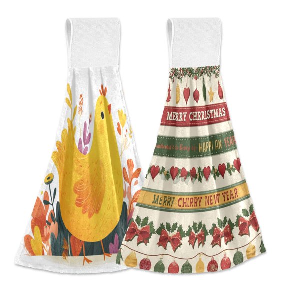 IAUYY Kitchen Hanging Towels Set of 2 100% Polyester Absorbent, Super Soft Hand Towels with Hanging Loops for Bathroom Kitchen Vivid Expressions Vintage Christmas Decorations
