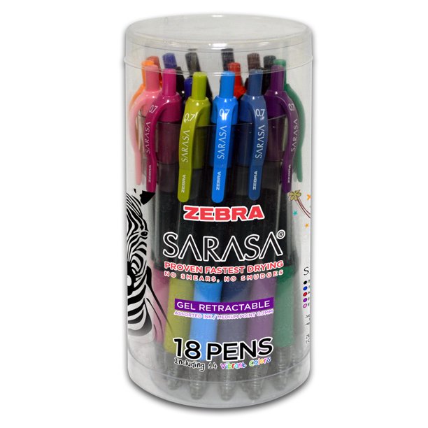 Zebra Sarasa retractable gel ink pens, 0.7mm, assorted ink colors, 18pack