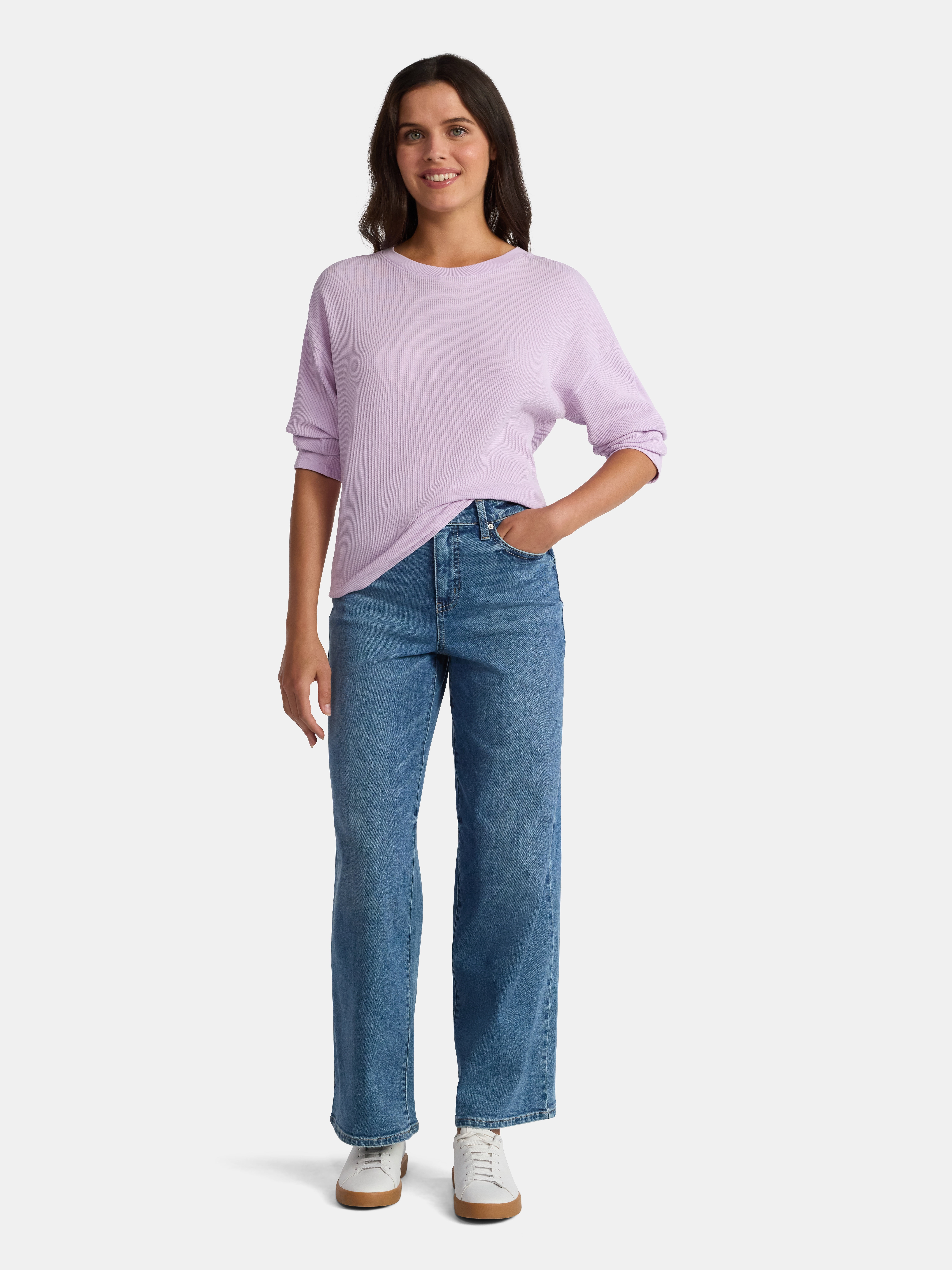 Time and Tru Women's Boxy Thermal Tee with Long Sleeves, Sizes XS-XXXL
