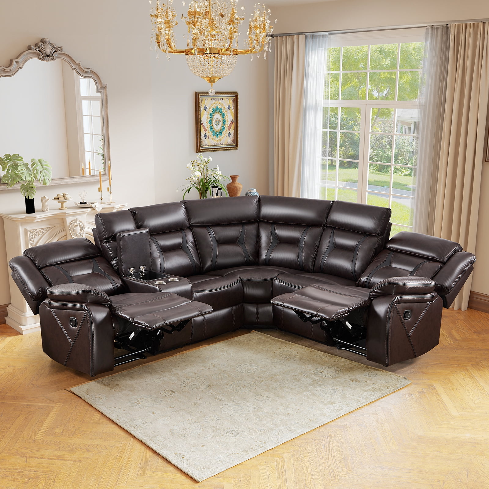 Bonzy Home 5‑Seat Reclining Chair Sofa with Center Console, Hidden Storage & Cup Holders Couch for Living Room & Meeting Room
