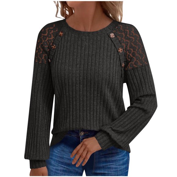 Enjoytime Shirts for Women Trendy Solid Color Round-Neck Long Sleeve Pullover Tops Lace Patchwork Blouse Office Work Trendy Clothes Dark Gray L