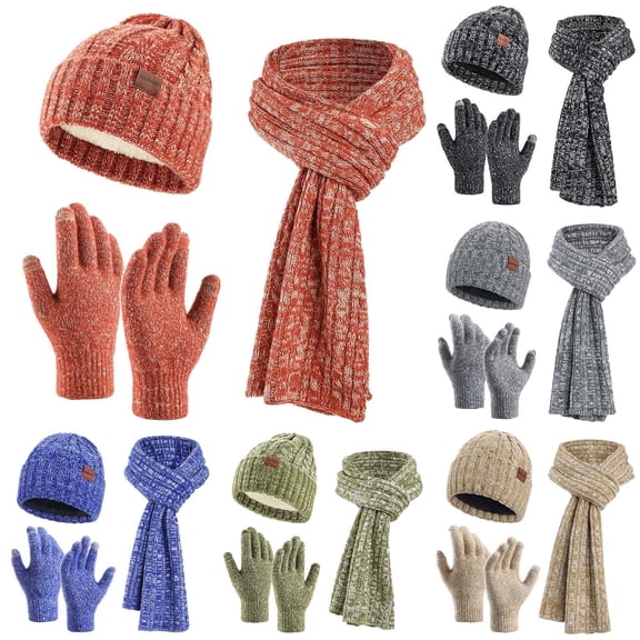 Lispipm Women's Winter Beenie Hat Scarf Gloves Warm Fleece Knit Hat Long Scarf Neck Touchscreen Gloves Set for Unisex Adult Black