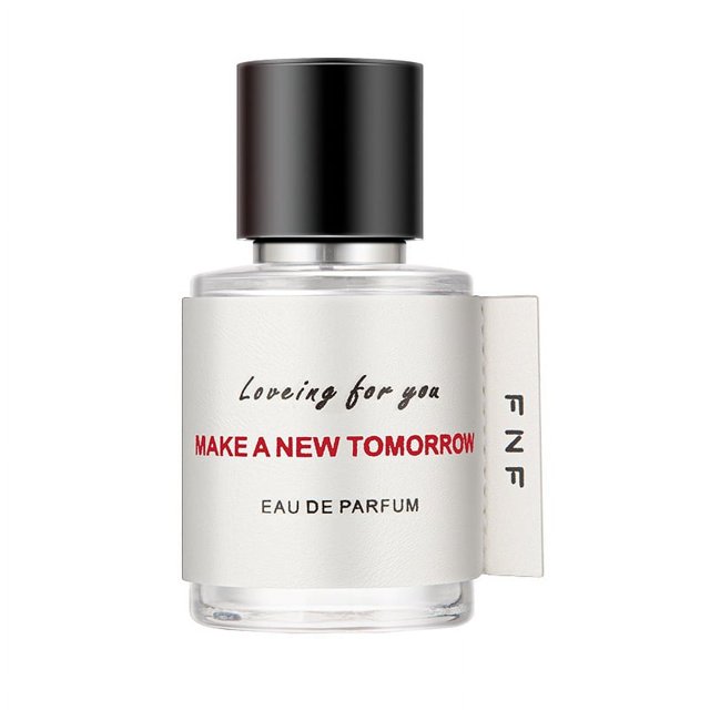 perfume for men, long lasting original fragrance, herbal, leather, perfumes de hombre, 50ml 1.7fl.oz Frontal view of a 50 ml clear glass bottle with a tall matte-black cap and a white leather-look wrap label reading "Loving for you," bold red "MAKE A NEW TOMORROW," small "EAU DE PARFUM" text and a stitched side tab marked "FNF." Scent notes shown in title: herbal and leather.