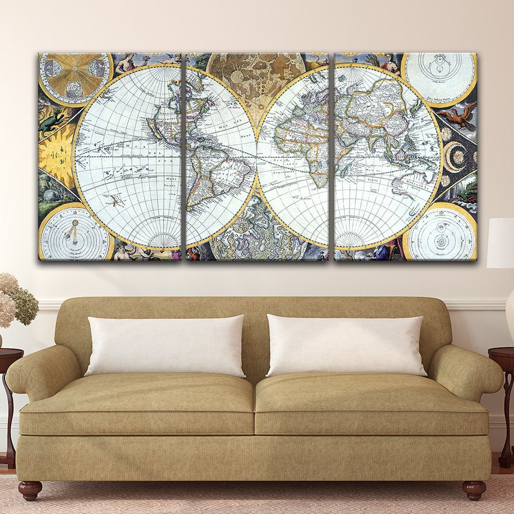 wall26 3 Panel Canvas Wall Art Vintage World Map Giclee Print