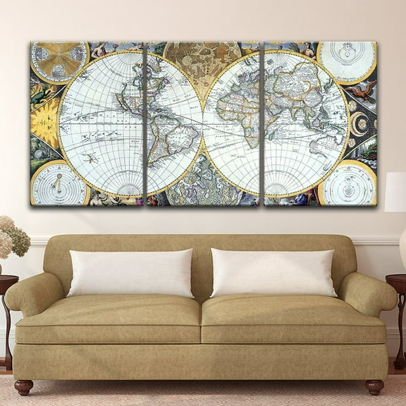wall26 - 3 Panel Canvas Wall Art - Vintage World Map - Giclee Print Gallery Wrap Modern Home Art Ready to Hang - 16"x24" x 3 Panels