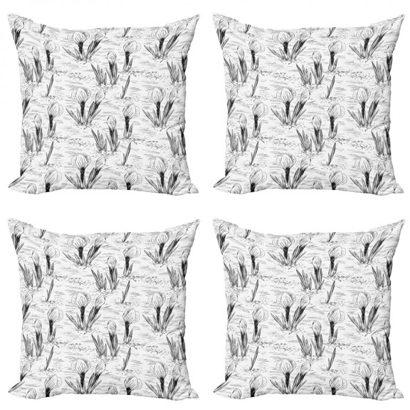 Floral Throw Pillow Cushion Case Pack of 4, Continuous Retro Sketchy Design Spring Crocus Flowers in Monochrome Style, Modern Accent Double-Sided Print, 4 Sizes, Charcoal Grey White, by Ambesonne