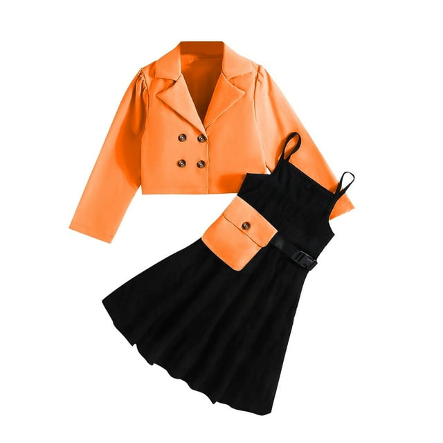 Odeerbi 6-14 Años Niñas Trajes de Verano de Algodón Slip Vestido de Solapa Con Muescas Blazer Chaqueta Con Bolsa de Tres Piezas Vestido Conjunto