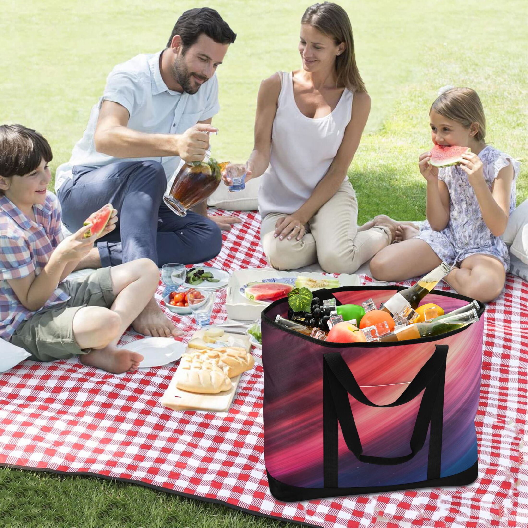 Large Hand-held Ice Pack Picnic Bag Insulation and Refrigeration Suitable for Shopping Picnics and Camping Red Blue Lines
