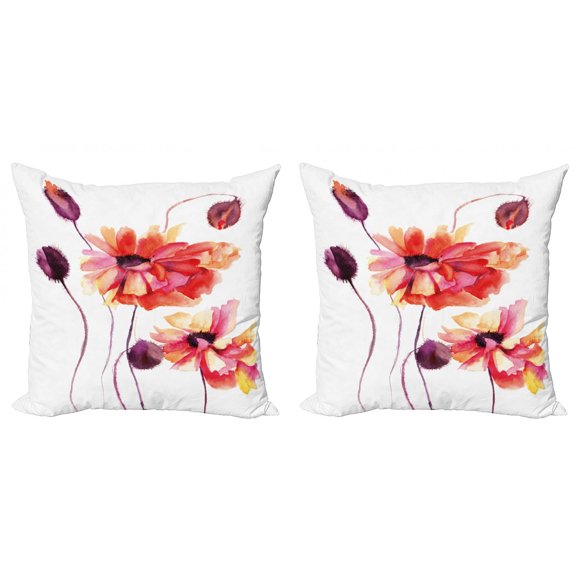 Ambesonne Flower Throw Pillow Cover 2 Pack, Watercolor Poppies Buds, 18", Peach Scarlet Purple