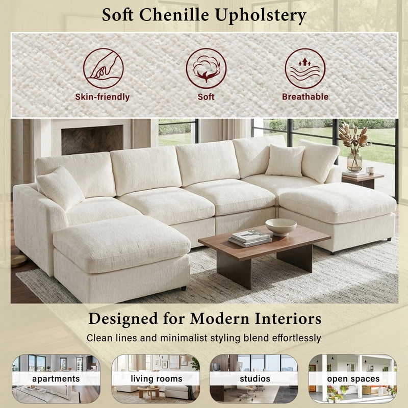 L-Shaped Modular Sectional Sofa, 4-Seater Chenille Couch with Movable Ottoman, Deep Seat Modern Sofa with Solid Wood Frame, 1 Throw Pillow for Living Room & Apartment