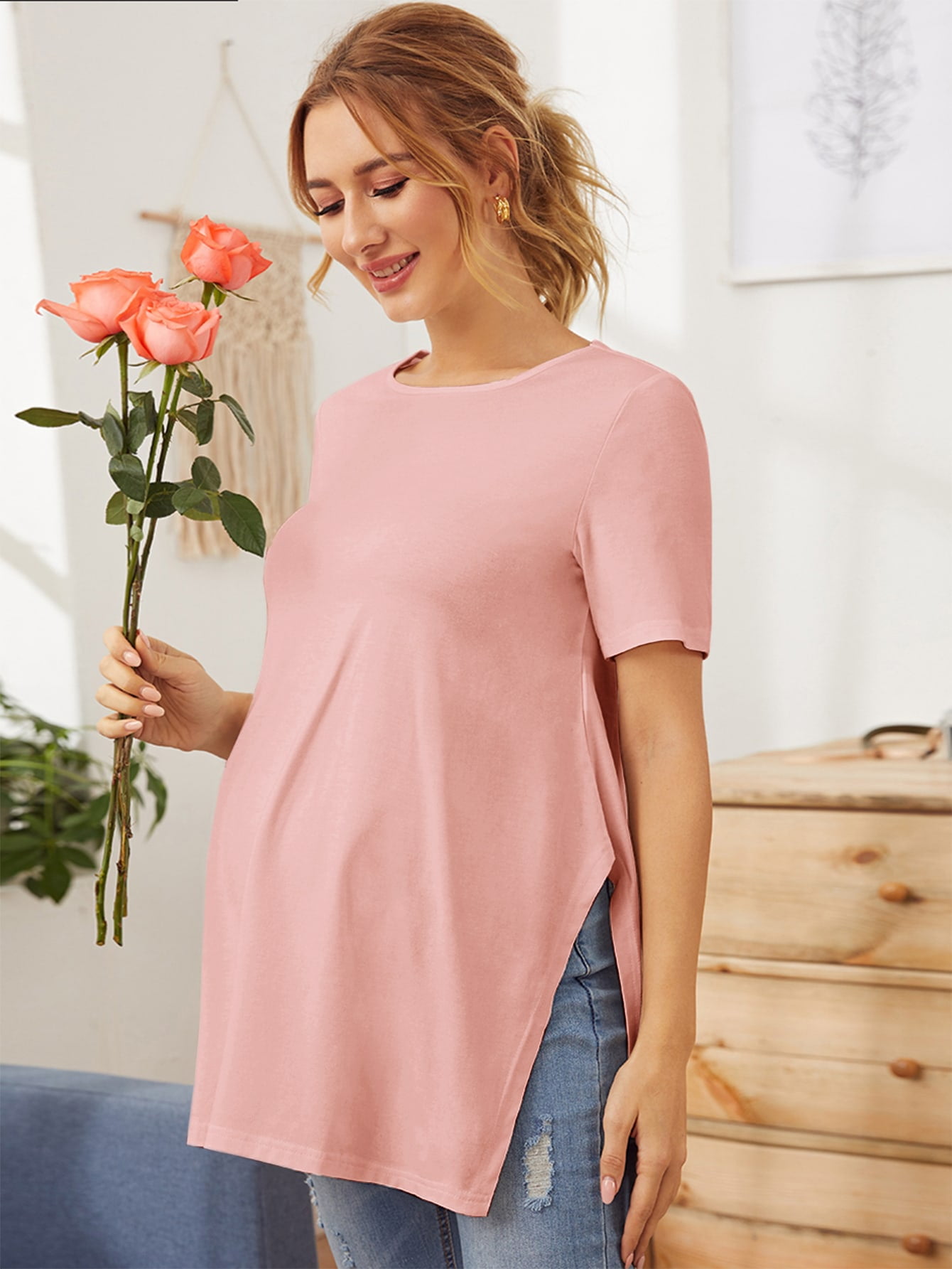 Maternity Slit Hem Solid Longline Tee 