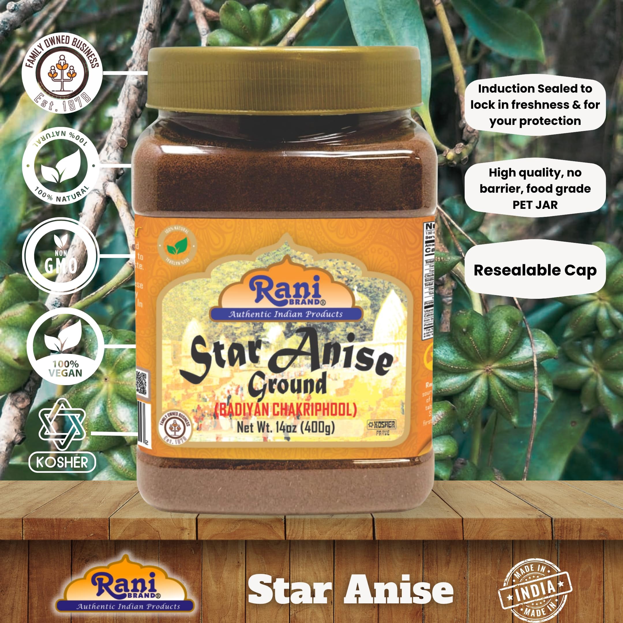 Rani Star Anise Powder (Badian Khatai) Ground Spice 14oz (400g) PET Jar ~ All Natural | Gluten Friendly | NON-GMO | Vegan | Indian Origin