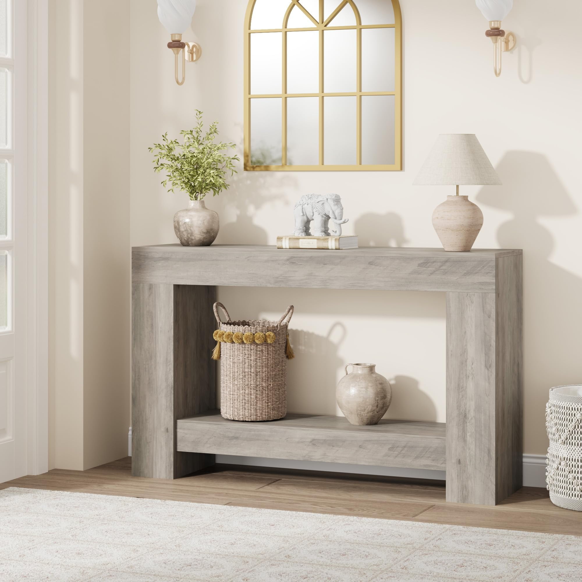 Farmhouse Console Table with Storage, 47 Inch Wide 2-Tier Sofa Table, Entryway Table for Living Room, Hallway, or Foyer