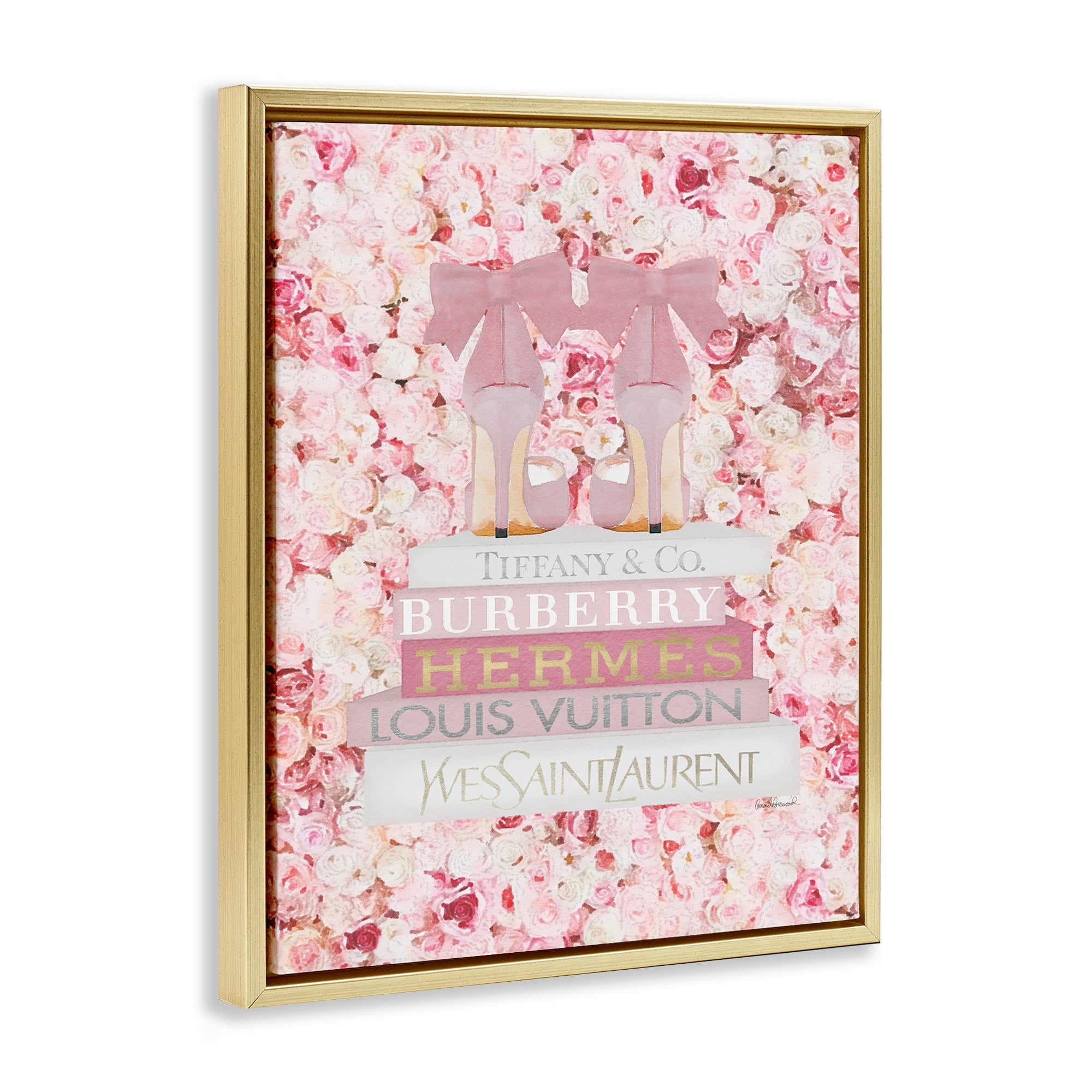 Stupell Industries Pink Fashion Heals with Glam Books and Rose Details Metallic Gold Framed Floating Canvas Wall Art, 24x30, by Amanda Greenwood