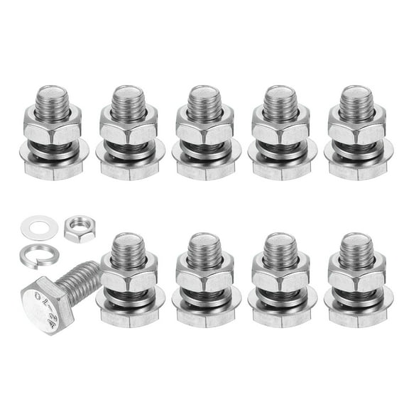 Uxcell M10x20mm Hex Bolt with Nuts Washers, 10 Set Stainless Steel Hex Screw Bolts Full Thread