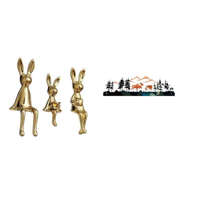 Figura decorativa de conejos y un ciervo para colgar en la pared. Ideal para jardín, valla, porche, armario, estantería o mesa.