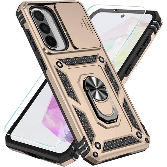 REQO Compatible with Samsung Galaxy A37/A36 Case with HD Screen Protector & Slide Camera Cover & Rotated Ring Kickstand, Dual Layers Phone Case for Galaxy A37/A36