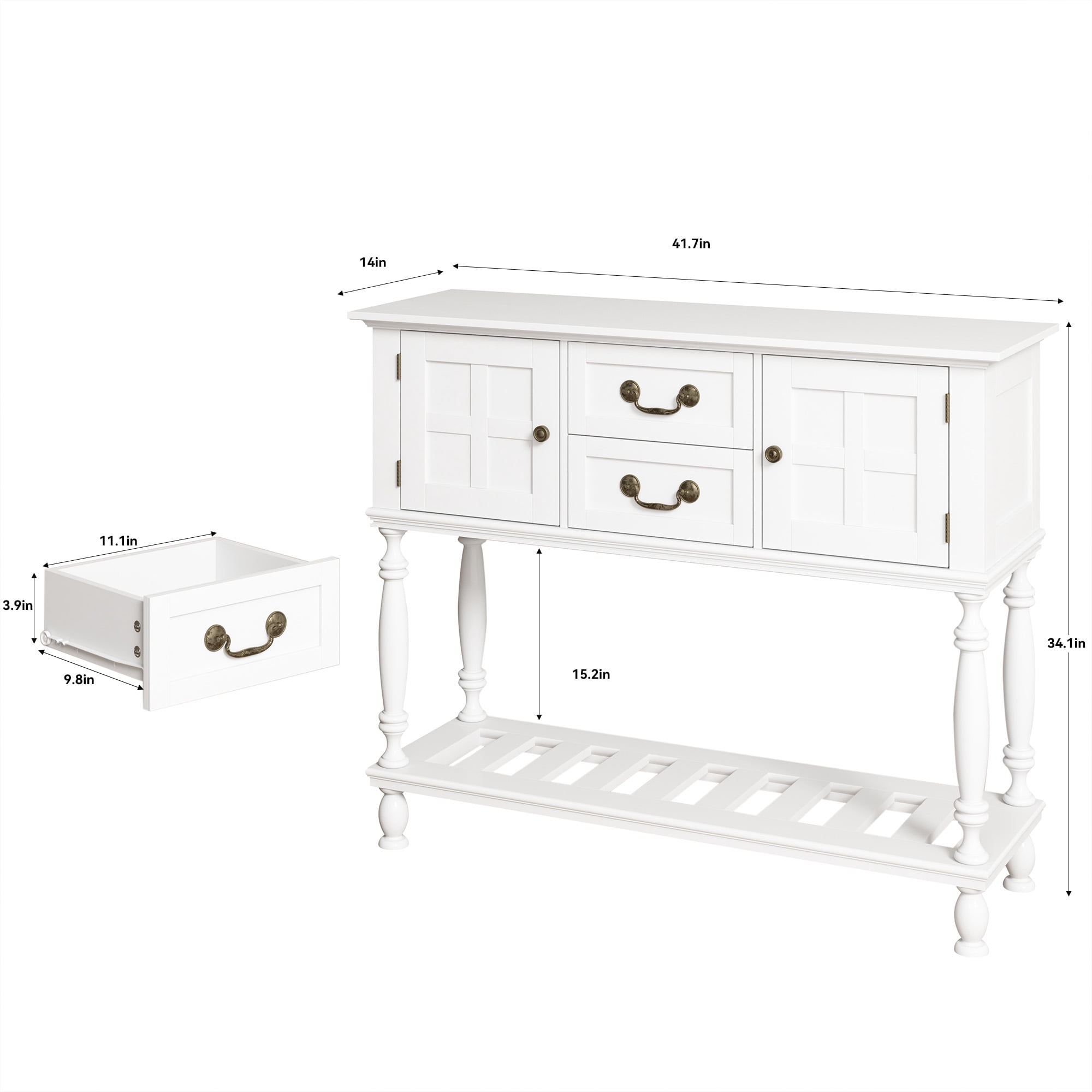 ZOSQUARE 42" White Console Table with Storage Cabinet, Entryway Table with Turned Legs and Bottom Shelf, Vintage Sofa Table Behind Couch for Living Room