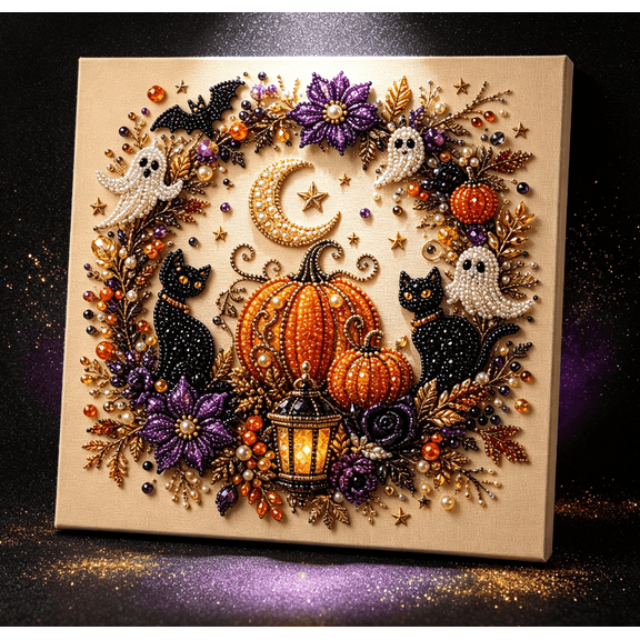 Halloween Ghost Pumpkin Wreath DIY Diamond Painting Kit, 3D Pearl Art with Black Cat & Lantern, Fall Home Wall Decor, Beginner Party Gift