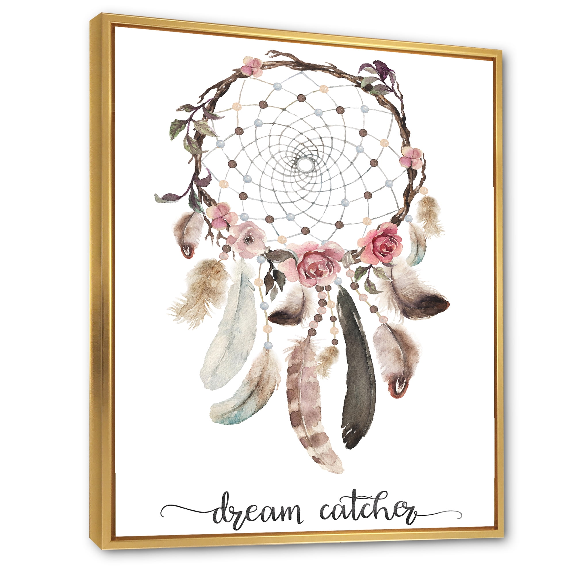 Designart 'Dream Catcher Made With Ethnic Feathers' Bohemian & Eclectic Framed Canvas Wall Art Print