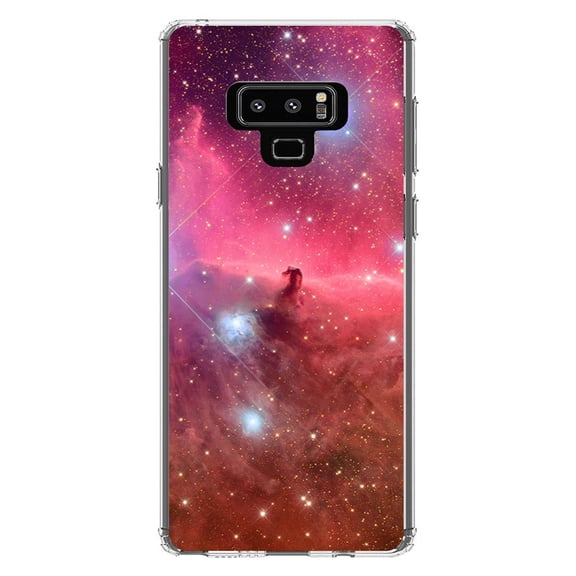 DistinctInk Clear Shockproof Hybrid Case for Samsung Galaxy Note 9 - TPU Bumper, Acrylic Back, Tempered Glass Screen Protector - Horsehead Nebula Pink - Astronomy