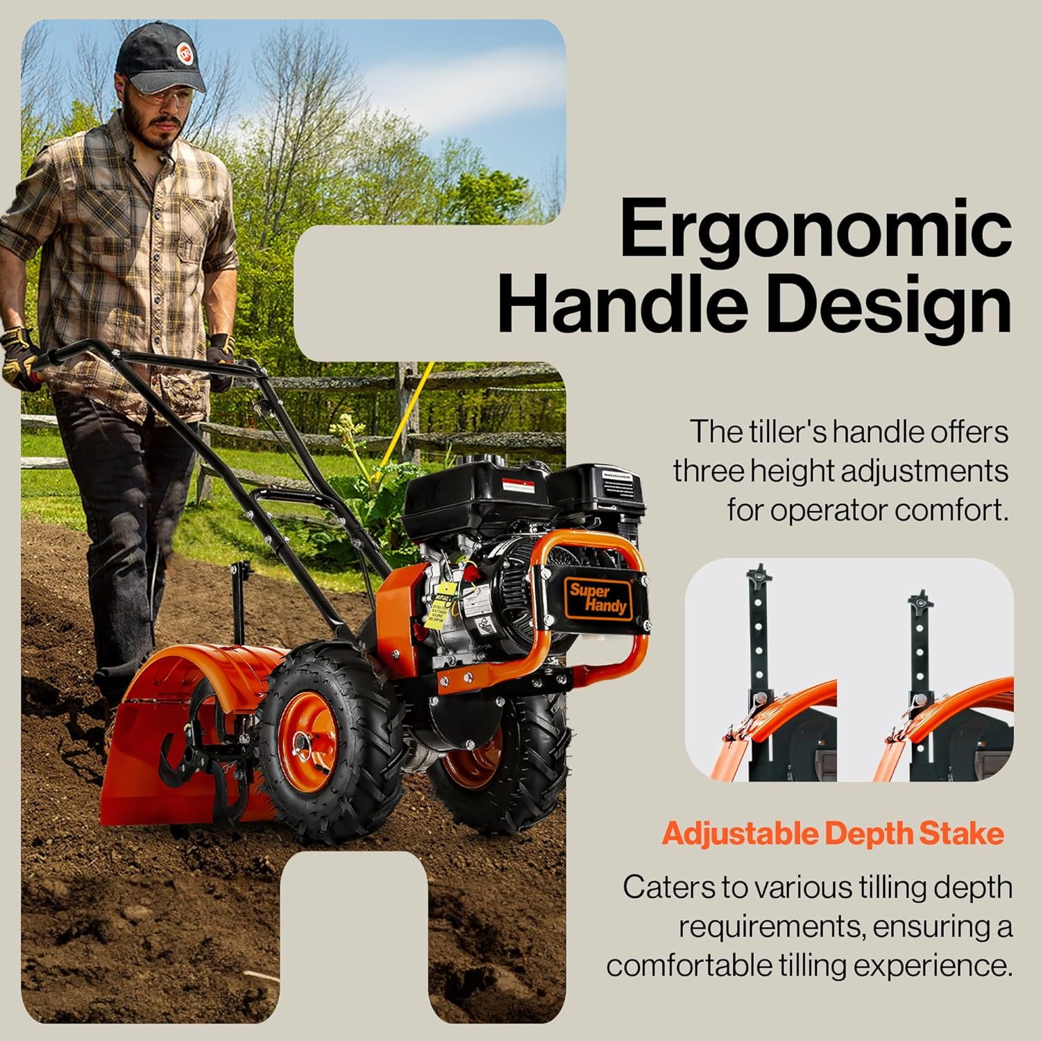 "SuperHandy ROTO 7HP Rear Tine Tiller - Heavy-Duty Garden Soil Cultivator, 16"" Tilling Width, 12"" Depth"