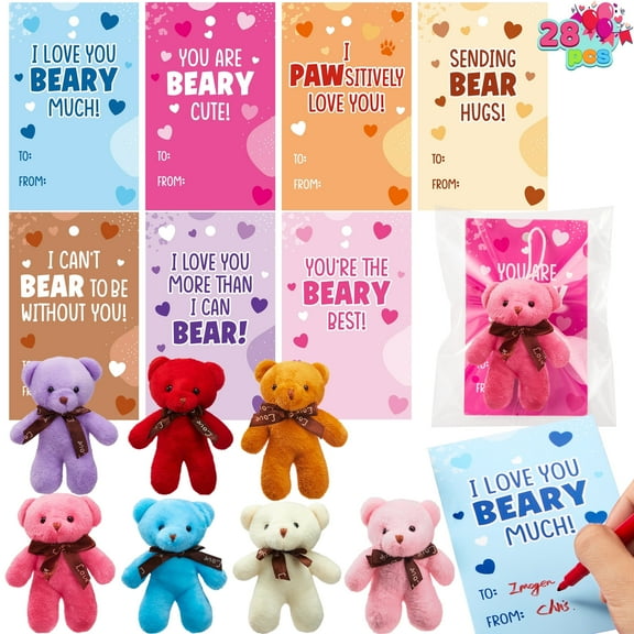Joyfy 28 Packs Valentine's Day Gift Cards with Mini Bears Plush Toy Party Favors, Mini Stuffed Animal Plush Toys Plush Toy for Valentines Day Gifts, Kids Classroom School Exchange Prize (Brown Bear)