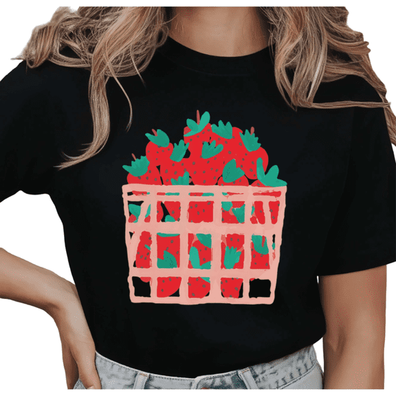 Women's Strawberry Basket Graphic Minimalist Farmhouse Casual T Shirt Breathable Short Sleeve Round Neck Top Black S-5XL