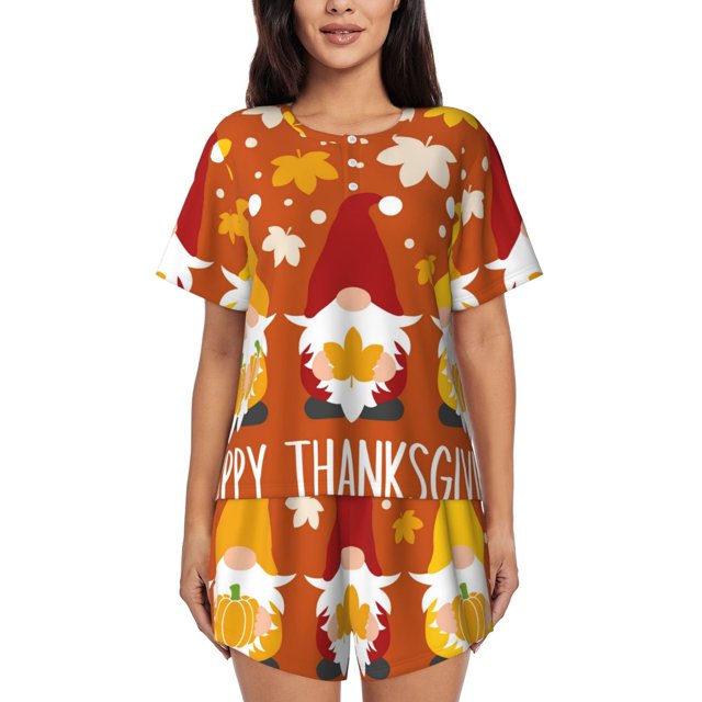 Fotbe Happy Thanksgiving Three Gnomes Conjunto de Pijama Estampado para Mujer, 2 Piezas, Ropa de Dormir con Camiseta de Manga Corta y Shorts Suaves-Small