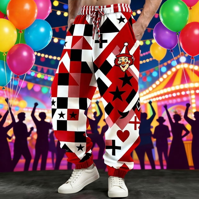 Ceisia Men's Red Black White Geometric Patchwork & Clown Print Casual Pants Elastic Waist Drawstring Party Trousers Gifts
