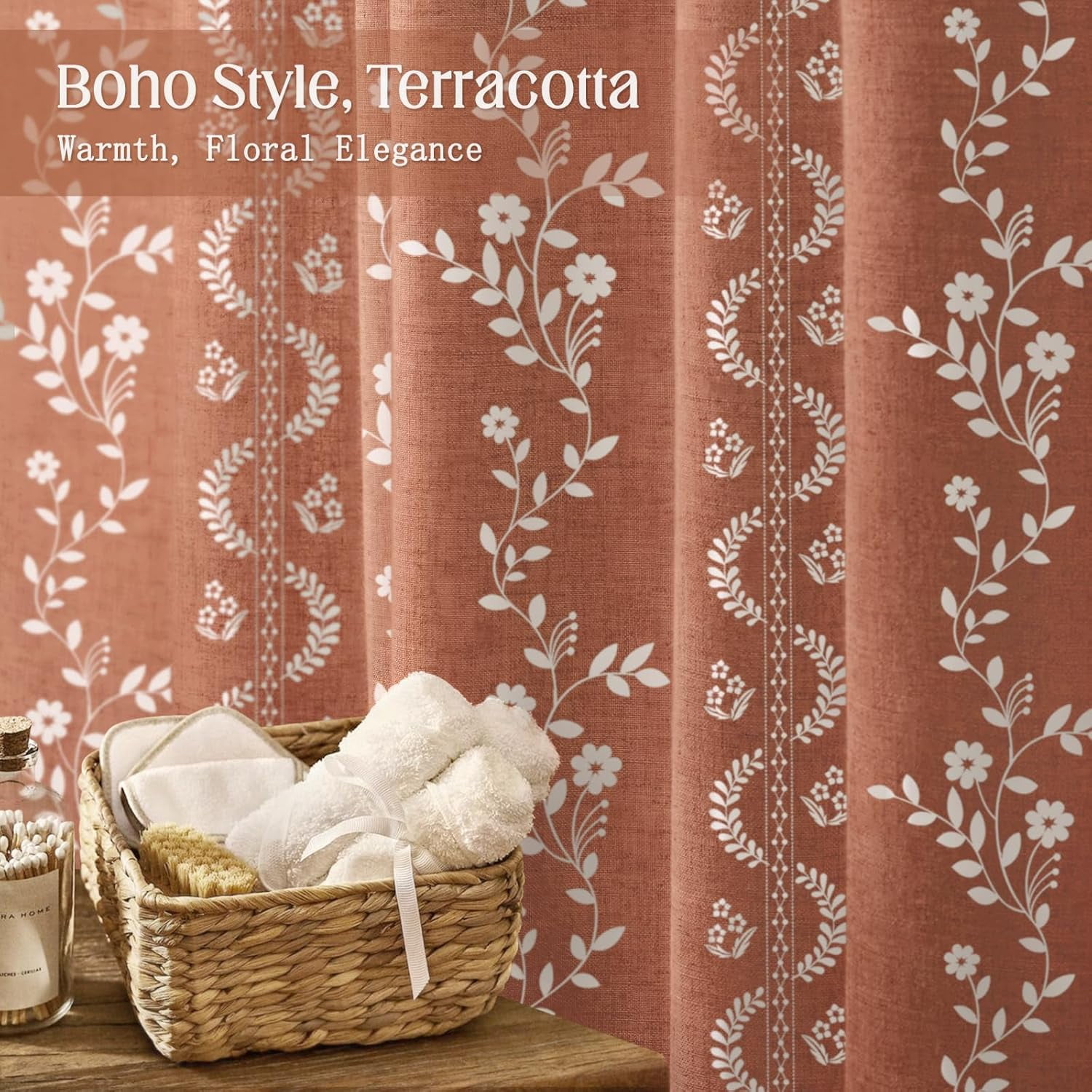 Psoiuetr Vintage Boho Terracotta Shower Curtain, Floral Patterned Shower Curtains for Bathroom with Tassels 72" W x 72" L