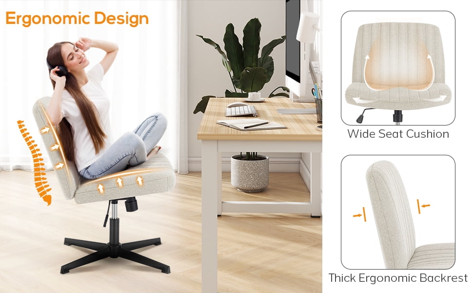 Criss Cross Chair, Cross Legged Office Chair, Wide Comfty Desk Chair, No Wheels Armless Computer Task Chair, Swivel Fabric Vanity Home Chair, Height Adjustable