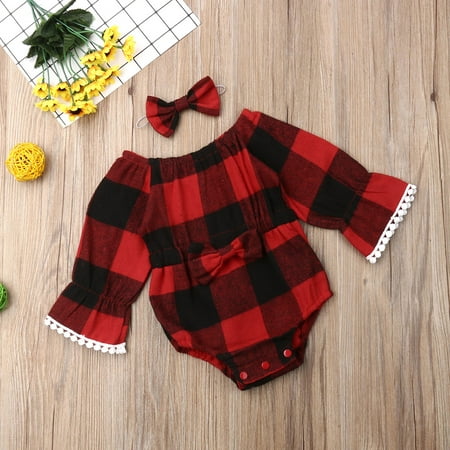 

Newborn Baby Girls Summer Romper Casual Long Sleeve Plaid Jumpsuit