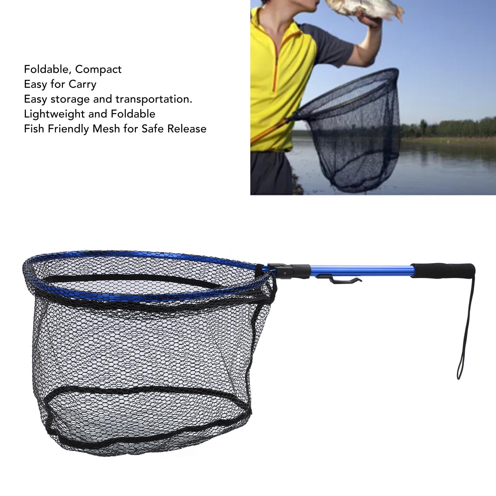 Rupoun Premium Aluminum Alloy Floating Fishing Net Fish Landing Net with Rubber Mesh Safe Catch Release Compact Foldable Portable Net 18.1 inches / 46 cm Blue Edition