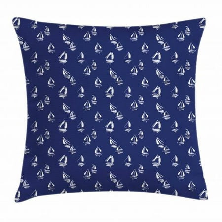 Navy Blue Throw Pillow Cushion Cover, Hand Drawn Style Sailing Yacht Silhouettes Ocean Travel Regatta Race Theme, Decorative Square Accent Pillow Case, 16 X 16 Inches, Dark Blue White, by