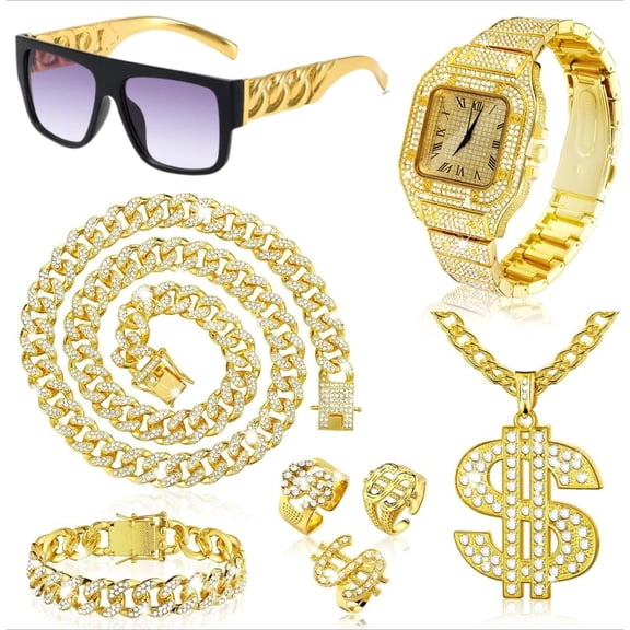 8-piece Hip-hop Men's Accessory Set, Including Pendant Necklace, Bracelet, Fashionable Glasses, Watch and Ring, 80s and 90s Retro Shiny Accessories, Rap Style Party Costumes